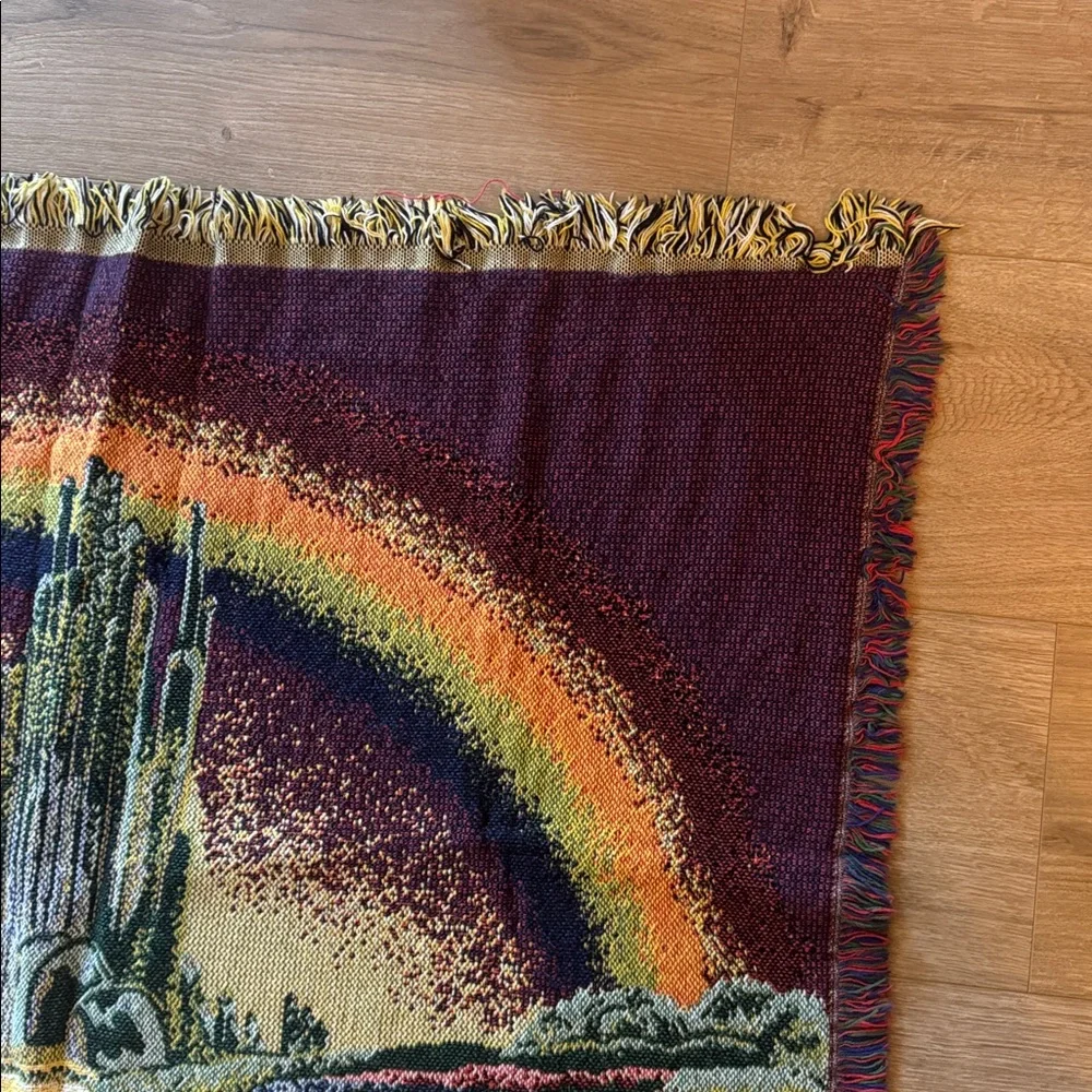 Vintage 1993 Turner Wizard of Oz Woven Tapestry Throw Blanket Yellow Brick Road